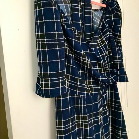 Blue Wrap Front Rouched Sleeve Checked Mini Dress In Blue size 12 - Picture 6 of 6